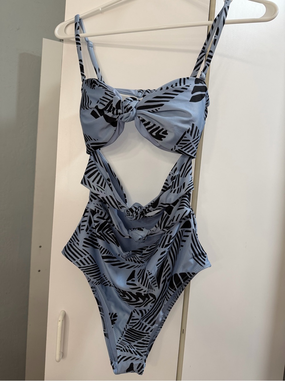 aerie Powder Blue One-Piece Swimsuit with Black Leaf Print
